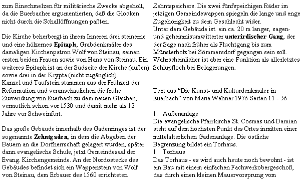 Textfeld: zum Einschmelzen fr militrische Zwecke abgeholt, da die Euerbacher argumentierten, da die Glocken nicht durch die Schallffnungen paten.Die Kirche beherbergt in ihrem Inneren drei steinerne und eine hlzernes Epitaph, Grabdenkmler des damaligen Kirchenpatron Wolf von Steinau, seinen ersten beiden Frauen sowie von Hans von Steinau. Ein weiteres Epitaph ist an der Sdseite der Kirche (auen) sowie drei in der Krypta (nicht zugnglich). Kanzel und Taufstein stammen aus der Frhzeit der Reformation und veranschaulichen die frhe Zuwendung von Euerbach zu dem neuen Glauben, vermutlich schon vor 1530 und damit mehr als 12 Jahre vor Schweinfurt.Das groe Gebude innerhalb des Gadenringes ist der sogenannte Zehntgaden, in dem die Abgaben der Bauern an die Dorfherrschaft gelagert wurden, spter dann evangelische Schule, jetzt Gemeindesaal der Evang. Kirchengemeinde. An der Nordostecke des Gebudes befindet sich ein Wappenstein von Wolf  von Steinau, dem Erbauer des 1560 errichteten Zehntspeichers. Die zwei fnfspeichigen Rder im jetzigen Gemeindewappen spiegeln die lange und enge Zugehrigkeit zu dem Geschlecht wider.Unter dem Gebude ist  ein ca. 20 m langer, sagen- und geheimnisumwitterter unterirdischer Gang, der der Sage nach frher als Fluchtgang bis zum Mnsterholz bei Smmersdorf gegangen sein soll. Wahrscheinlicher ist aber eine Funktion als allerletztes Schlupfloch bei Belagerungen.Text aus Die Kunst- und Kulturdenkmler in Euerbach von Maria Wehner 1976 Seiten 11 - 56AuenanlageDie evangelische Pfarrkirche St. Cosmas und Damian steht auf dem hchsten Punkt des Ortes inmitten einer mittelalterlichen Gadenanlage. Die stliche Begrenzung bildet ein Torhaus.TorhausDas Torhaus - es wird auch heute noch bewohnt - ist ein Bau mit einem einfachen Fachwerkobergescho, das durch einen kleinen Mauervorsprung vom 