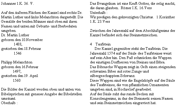 Textfeld: Johannes 1.K. 36. V.Auf den ueren Flchen der Kanzel sind rechts Dr. Martin Luther und links Melanchton dargestellt. Die Gemlde der beiden Mnner sind oben mit ihren Namen und unten mit Geburts- und Sterbedaten umgeben.Dr. Martin Luthergeboren den 10.November              1488,gestorben den 18.Februar             1546Philipp Melanchtongeboren den 16.Februar            1497,gestorben den 19. April            1560Die Bilder der Kanzel werden oben und unten von Bibelsprchen mit genauer Angabe der Bibelstellen umsumt.Oberhalb :Das Evangelium ist eine Kraft Gottes, die selig macht, die daran glauben.  Rmer I.K. 16.VersUnterhalb :Wir predigen den gekreuzigten Christus.   1.Korinther 1.K. 23.VersZwischen der Jahreszahl auf dem Abschlugesims der Kanzel befindet sich das Steinmetzzeichen.Taufstein     Der Kanzel gegenber steht der Taufstein. Die Jahreszahl 1574 auf der Sule des Taufsteines weist auf sein Alter hin. Den Fu schmcken die Wappen der einstigen Dorfherren von Steinau und Bibra.Das Bibrasche Wappen zeigt in Gelb einen steigenden schwarzen Biber mit roter Zunge und silbergeschupptem Schwanz.Diese Wappen sind wie die Engelskpfe auf der Sule des Taufsteines, die von pflanzlichen Ornamenten umgeben sind, in Hochrelief gearbeitet.Auf der Sule ruht das runde Becken mit Konsolengesims, in das der Steinmetz seinen Namen und sein Steinmetzzeichen eingraviert hat.