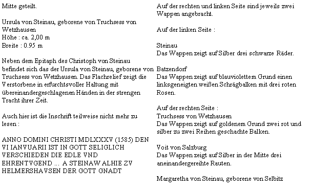 Textfeld: Mitte geteilt.Ursula von Steinau, geborene von Truchsess von WetzhausenHhe : ca. 2,00 mBreite : 0.95 mNeben dem Epitaph des Christoph von Steinau befindet sich das der Ursula von Steinau, geborene von Truchsess von Wetzhausen. Das Flachrelief zeigt die Verstorbene in erfurchtsvoller Haltung mit bereinandergeschlagenen Hnden in der strengen Tracht ihrer Zeit.Auch hier ist die Inschrift teilweise nicht mehr zu lesen :ANNO DOMINI CHRISTI MDLXXXV (1585) DEN VI IANVUARII IST IN GOTT SELIGLICH VERSCHIEDEN DIE EDLE VND EHRENTVGEND ...  A STEINAW ALHIE ZV HELMERSHAVSEN DER GOTT GNADTAuf der rechten und linken Seite sind jeweils zwei Wappen angebracht.Auf der linken Seite :SteinauDas Wappen zeigt auf Silber drei schwarze Rder.BatzendorfDas Wappen zeigt auf blauviolettem Grund einen linksgeneigten weien Schrgbalken mit drei roten Rosen.Auf der rechten Seite :Truchsess von WetzhausenDas Wappen zeigt auf goldenem Grund zwei rot und silber zu zwei Reihen geschachte Balken.Voit von SalzburgDas Wappen zeigt auf Silber in der Mitte drei aneinandergereihte Rauten.Margaretha von Steinau, geborene von Selbitz